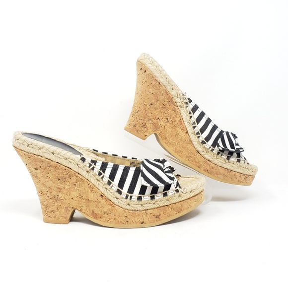 Nine West B/W Striped Wedge Cork Heel Sandals - Picture 2 of 7